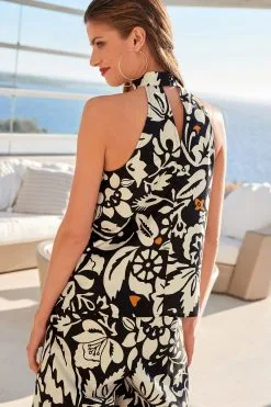 Next Black & Ecru Floral Sleeveless Halter Neck Top -Women's Shirts & Blouses Sales 284 902s3