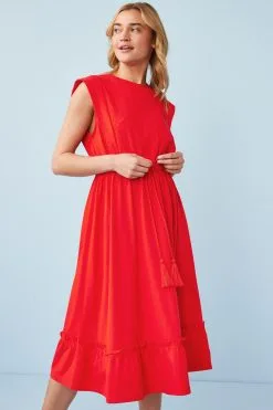 Next Red Tie Waist Embroidery Detail Dress