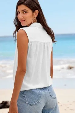 Next Linen Blend Tie Waist Sleeveless Collared Shirt -Women's Shirts & Blouses Sales A35007s3