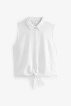 Next Linen Blend Tie Waist Sleeveless Collared Shirt -Women's Shirts & Blouses Sales A35007s5