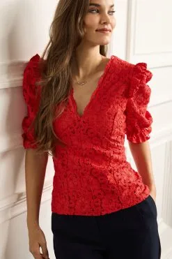 Next V-Neck Short Puff Sleeve Lace Top