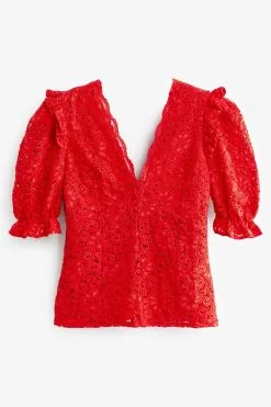 Next V-Neck Short Puff Sleeve Lace Top -Women's Shirts & Blouses Sales A66 880s5
