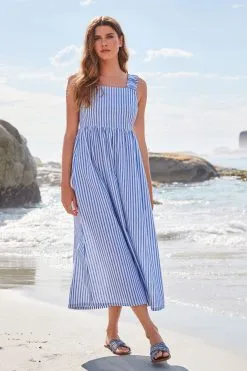 Next Blue Stripe Tie Back Midi Dress