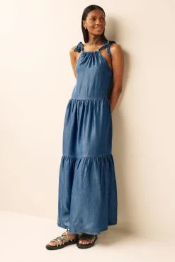 Next Mid Blue TENCEL™ Tie Shoulder Tiered Midi Dress