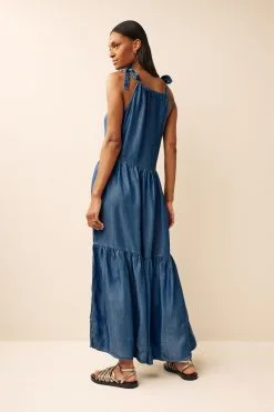 Next Mid Blue TENCEL™ Tie Shoulder Tiered Midi Dress -Women's Shirts & Blouses Sales C04 721s3