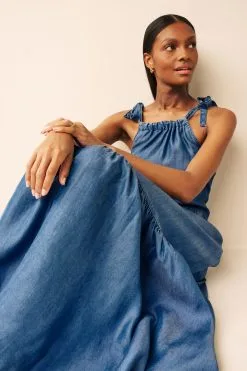 Next Mid Blue TENCEL™ Tie Shoulder Tiered Midi Dress -Women's Shirts & Blouses Sales C04 721s4