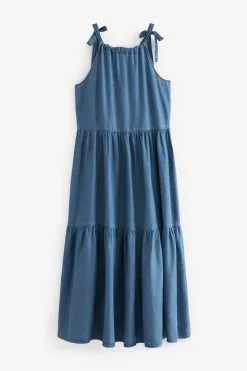 Next Mid Blue TENCEL™ Tie Shoulder Tiered Midi Dress -Women's Shirts & Blouses Sales C04 721s6