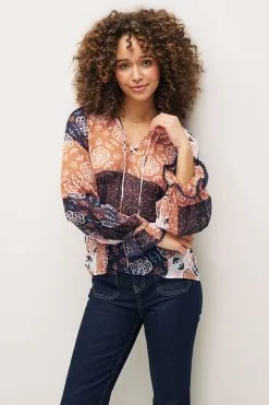 Next Long Sleeve V-Neck Sheer Blouse With Lace Trim Detail