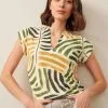 Next Ecru Tropical Print Plisse Notch Neck Top
