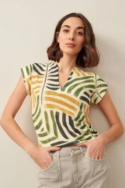 Next Ecru Tropical Print Plisse Notch Neck Top