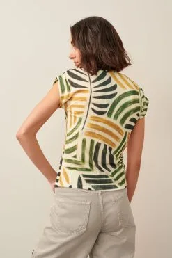 Next Ecru Tropical Print Plisse Notch Neck Top -Women's Shirts & Blouses Sales C08 149s4