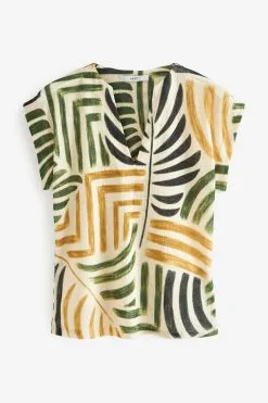 Next Ecru Tropical Print Plisse Notch Neck Top -Women's Shirts & Blouses Sales C08 149s6