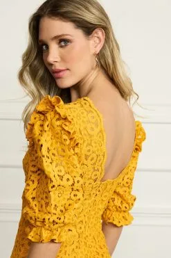 Next Ochre Yellow V-Neck Short Puff Sleeve Lace Mini Dress -Women's Shirts & Blouses Sales C12 042s4