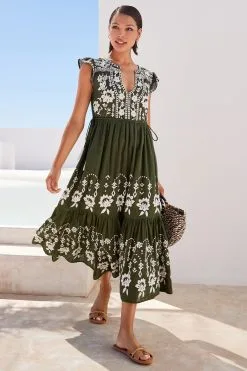 Next Embroidered Cotton V-Neck Tiered Midi Summer Dress