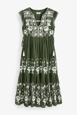 Next Embroidered Cotton V-Neck Tiered Midi Summer Dress -Women's Shirts & Blouses Sales C14 698s6