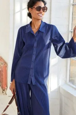 Next Navy Blue Long Sleeve Button Through Plissé Shirt