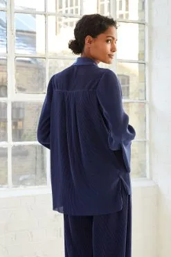 Next Navy Blue Long Sleeve Button Through Plissé Shirt -Women's Shirts & Blouses Sales C20 549s3