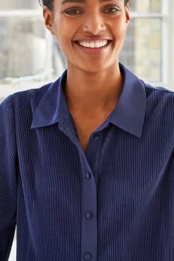 Next Navy Blue Long Sleeve Button Through Plissé Shirt -Women's Shirts & Blouses Sales C20 549s4