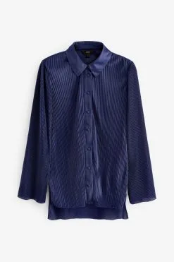 Next Navy Blue Long Sleeve Button Through Plissé Shirt -Women's Shirts & Blouses Sales C20 549s5