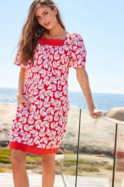 Next Square Neck Short Sleeve Broderie Trim Dress -Women's Shirts & Blouses Sales C20 998s5