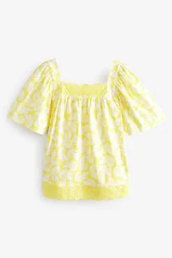 Next Square Neck Short Sleeve Broderie Trim Top -Women's Shirts & Blouses Sales C22062s4