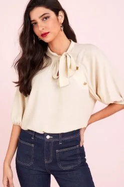 Next Cream Floral Tie Neck Button Short Sleeve Blouse -Women's Shirts & Blouses Sales C25692s