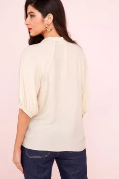 Next Cream Floral Tie Neck Button Short Sleeve Blouse -Women's Shirts & Blouses Sales C25692s3