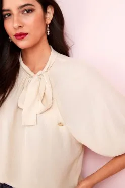 Next Cream Floral Tie Neck Button Short Sleeve Blouse -Women's Shirts & Blouses Sales C25692s4