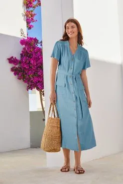 Next Blue Blue Belted Shirt Midi Summer Dress