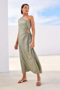 Next Sage Green One Shoulder Cut Out Midi Dress