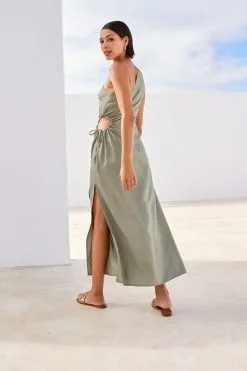 Next Sage Green One Shoulder Cut Out Midi Dress -Women's Shirts & Blouses Sales C32 266s3