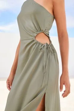 Next Sage Green One Shoulder Cut Out Midi Dress -Women's Shirts & Blouses Sales C32 266s4