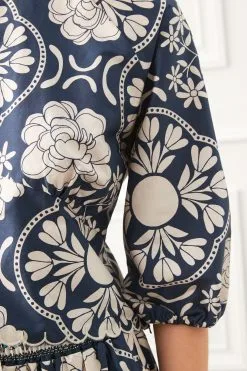 Next Navy Blue Floral Scallop Hem Crew Neck Short Sleeve Top -Women's Shirts & Blouses Sales C38 777s4