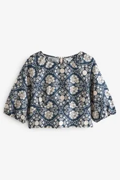 Next Navy Blue Floral Scallop Hem Crew Neck Short Sleeve Top -Women's Shirts & Blouses Sales C38 777s5