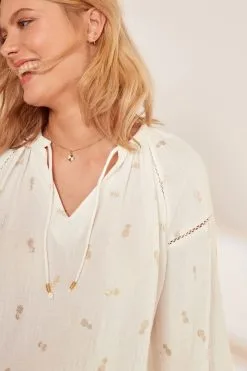 Next Cream Leaf Crinkle Bubble Hem 100% Cotton Long Sleeve Top