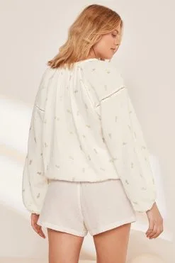 Next Cream Leaf Crinkle Bubble Hem 100% Cotton Long Sleeve Top -Women's Shirts & Blouses Sales C44 275s3