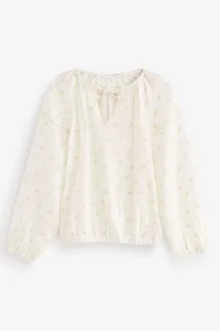 Next Cream Leaf Crinkle Bubble Hem 100% Cotton Long Sleeve Top -Women's Shirts & Blouses Sales C44 275s5
