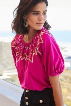 Next Short Puff Sleeves Embroidered Smock Top