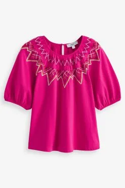 Next Short Puff Sleeves Embroidered Smock Top -Women's Shirts & Blouses Sales C47 100s5