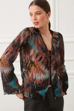Next Black Fern Print Long Sleeve Crinkle Mesh Corset Detail Blouse