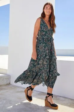 Next Navy Floral Plunge Frill Midi Summer Dress