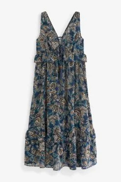 Next Navy Floral Plunge Frill Midi Summer Dress -Women's Shirts & Blouses Sales C62367s5