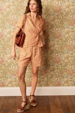 Next Morris & Co. St. James Print Orange Floral Wrap Front Short Sleeve Top -Women's Shirts & Blouses Sales C66 309s2