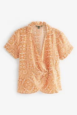 Next Morris & Co. St. James Print Orange Floral Wrap Front Short Sleeve Top -Women's Shirts & Blouses Sales C66 309s6