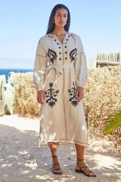 Next Linen Rich Embroidered Midi Summer Dress