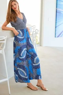 Next Blue Sleeveless Shirred Waisted Wide Leg Jumpsuit