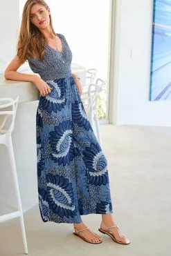 Next Blue Sleeveless Shirred Waisted Wide Leg Jumpsuit -Women's Shirts & Blouses Sales C70 252s4