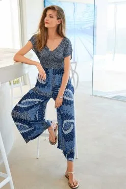 Next Blue Sleeveless Shirred Waisted Wide Leg Jumpsuit -Women's Shirts & Blouses Sales C70 252s5