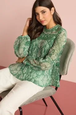 Next Pleat Front Long Sleeve Round Neck Blouse