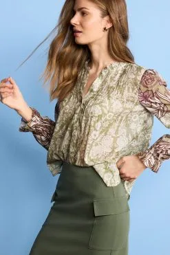 Next Green Floral Ruffle Neck Long Sleeve Blouse -Women's Shirts & Blouses Sales C78 344s4